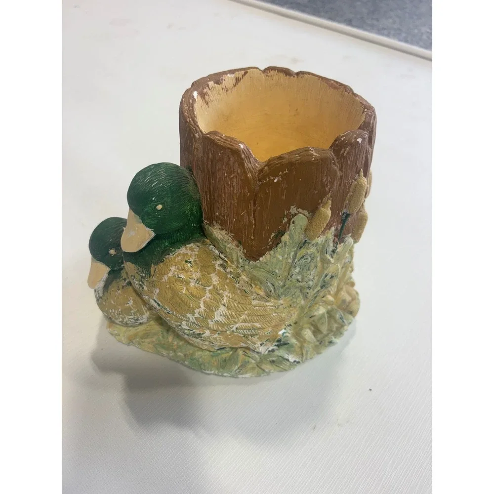 Mallard‎ Duck Tree Stump Planter Pencil Holder Rustic Cabin Decor 7 Inch
